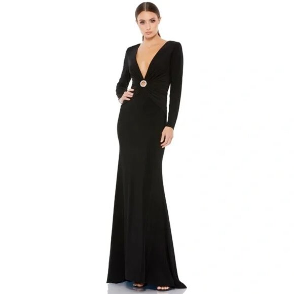 Ieena For Mac Duggal Dresses & Skirts - NWT Ieena by Mac Duggal #26514 Plunging Long Sleeve Pearl Keyhole Gown Black 0